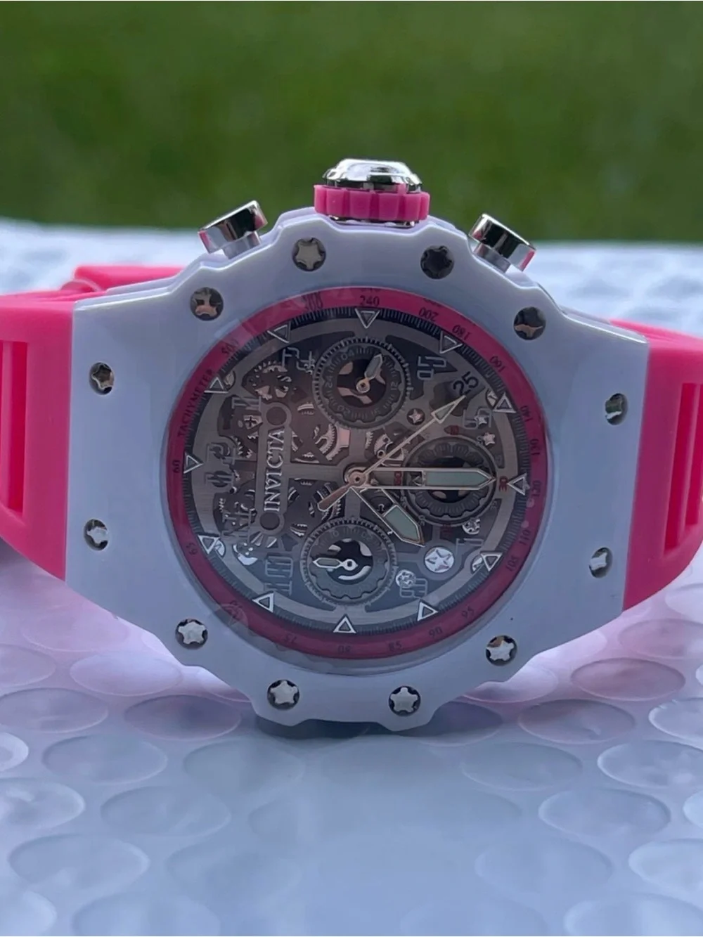 Invicta White and Pink Skeleton Chronograph Watch